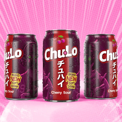 3 cans of Chu Lo Cherry Sour with purple background